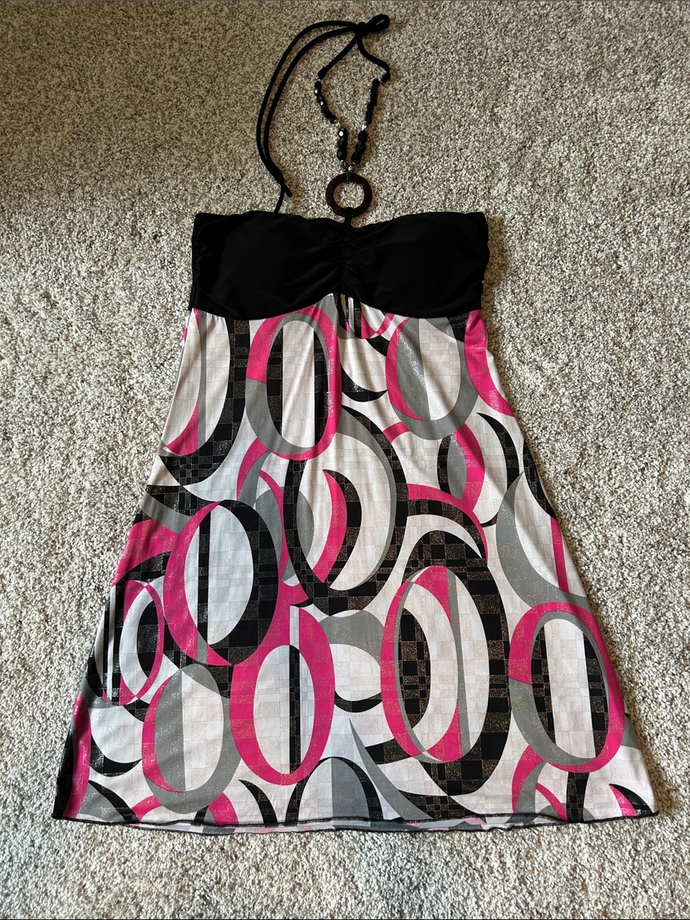 Vanity Strapless Circle-Print Sundress in Black, Pink & Gray